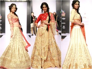 Models in Golden lehngas with a hint of contrast colors
