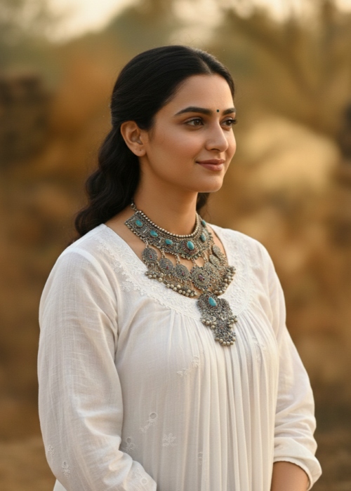 White dress with silver jewelery