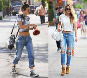 Distressed denim styling with crop top