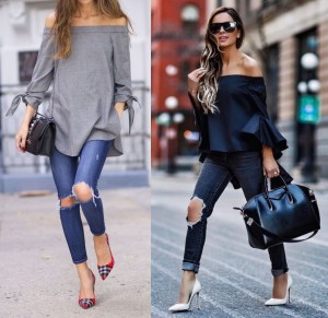 Distressed denim styling with off shoulder top