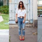 Distressed denim styling with shirt