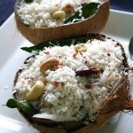 Coconut rice served in coconut shell