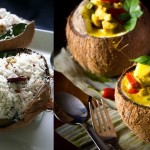 coconut curry and rice served in coconut shell