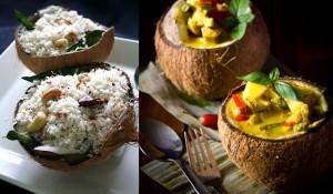 coconut curry and rice served in coconut shell