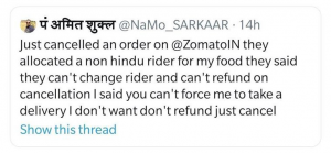 Zomato customers refuses to accept delivery from a non Hindu delivery boy