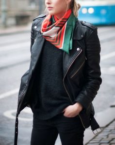 wear printed scarf with plain sweaters