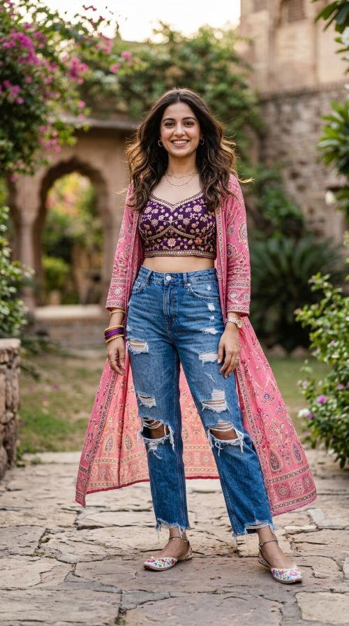 Wear cape and denim in desi style