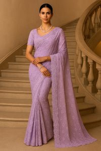 Lilac Purple Sequence Embroidery Party Wear Saree Threads
