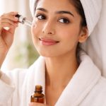 Indian woman applying serum